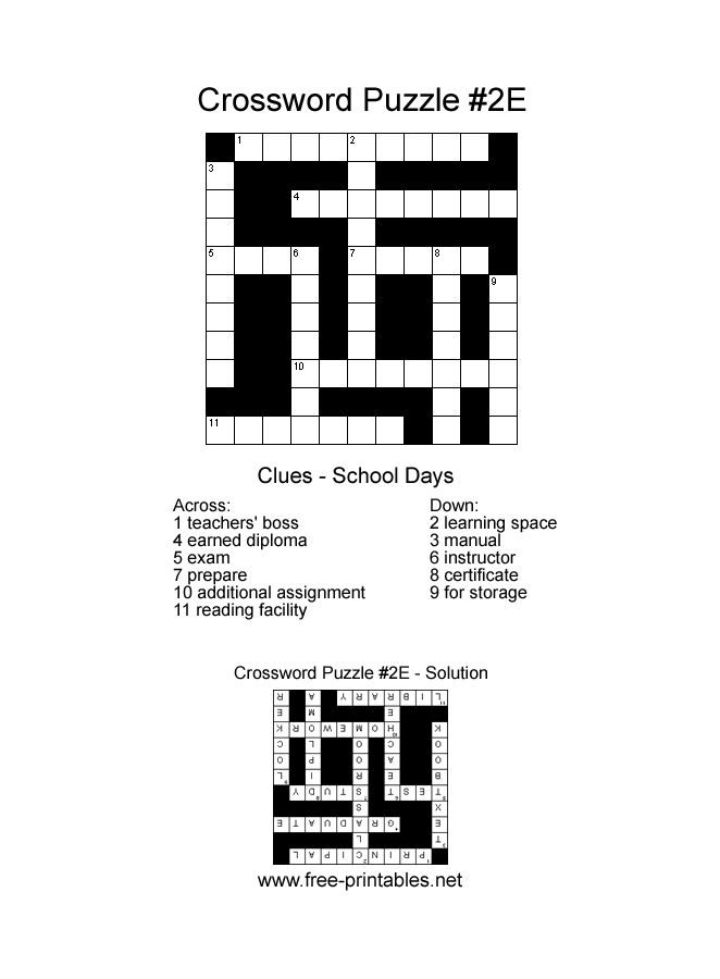 Easy Crossword Puzzle - Topic: School Days