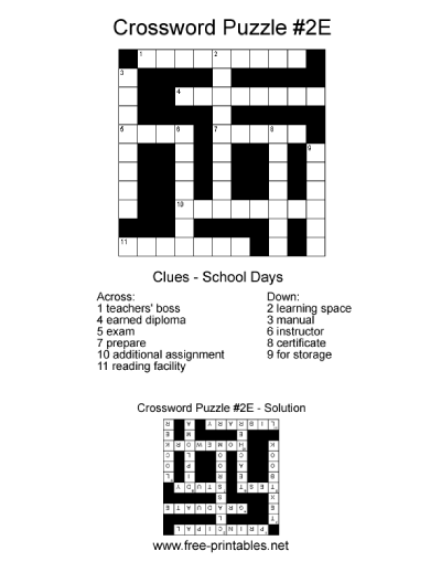 Easy Crossword Puzzle - Topic: School Days