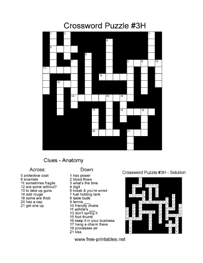 Hard Crossword Puzzle - Topic: Anatomy